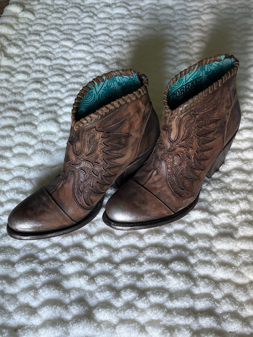 Corral LD Brown Glitter Leather Woven & Overlay Eagle Dizayn Ankle Boot